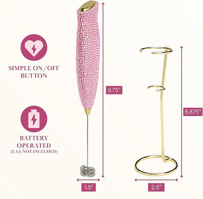 Paris Hilton Electric Rhinestone Handheld Milk Frother with Double Coil Head Whisk and Gold Metal Stand, Battery Powered (2 AA Batteries Required but Not Included), Pink