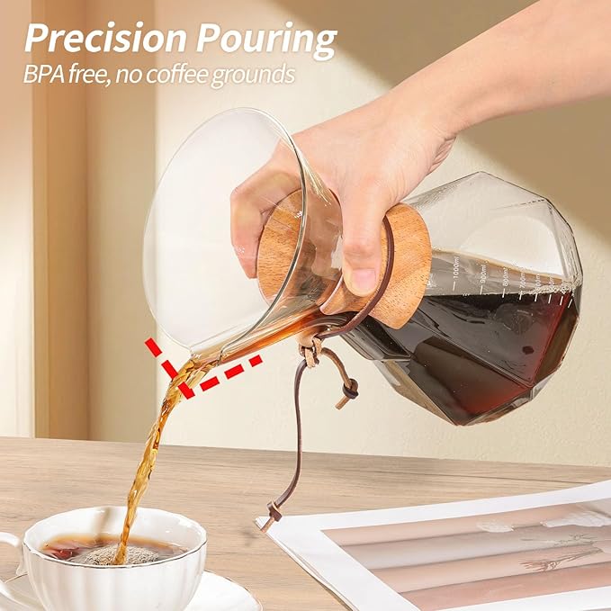 Pour Over Coffee Maker 34 OZ, 10 Cup Borosilicate Glass Drip Coffee Maker with Reusable Stainless Steel Filter and Cork Grip for Home Café 1000 ML (Diamond Shape)
