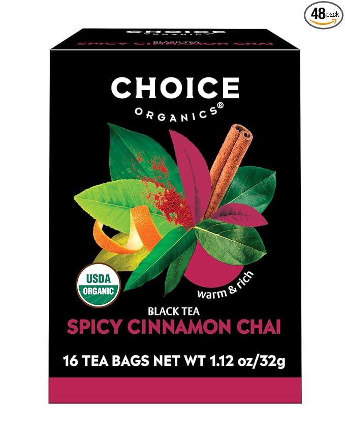 Choice Organics - Organic Spicy Cinnamon Chai Tea (3 Pack) - Rainforest Alliance - Contains Caffeine - 48 Organic Black Tea Bags