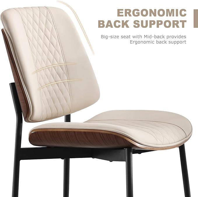 BV Dining Chairs Set of 2, PU Leather Armless Kitchen Chair in Modern Walnut Style, Mid Century Bentwood Side Chair with Metal Legs, Retro Accent Guest Chair for Kitchen Dining Room(Beige)