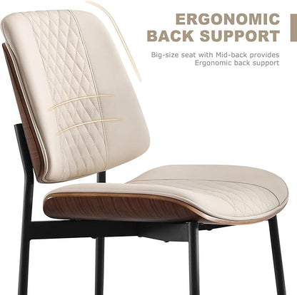 BV Dining Chairs Set of 2, PU Leather Armless Kitchen Chair in Modern Walnut Style, Mid Century Bentwood Side Chair with Metal Legs, Retro Accent Guest Chair for Kitchen Dining Room(Beige)