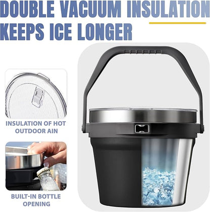 COKTIK 7L Vacuum Insulated Ice Bucket with Lid and Scoop& Tongs，Large capacity Stainless Steel Beverage Bucket for Cocktail, Champagne, Wine, Beer，Large Parties（Carbon Black Suit）