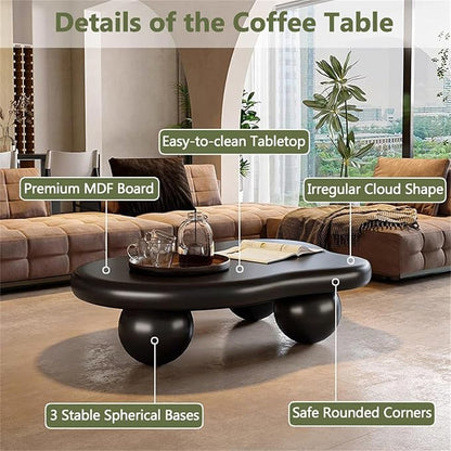 Cloud Coffee Table for Living Room with Round Corners Modern Style Center Table with 3 Ball-Shaped Legs Wood Tea Table for Small Space Apartment Easy Assembly (Black W48 * D36 * H14inch)
