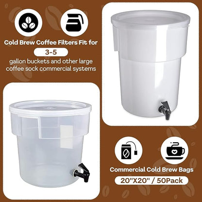 50Pcs Commercial Cold Brew Coffee Filters for 5 Gallon Buckets, 20" X 20" Disposable Coffee Filters with Drawstring for Brew Up To 5 LBS Coffee