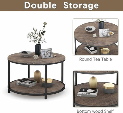 NSdirect Round Coffee Table, 25.6" Small Coffee Table for Living Room,2-Tier Rustic Wood Desktop with Storage Shelf Modern Design Home Furniture(Light Walnut)