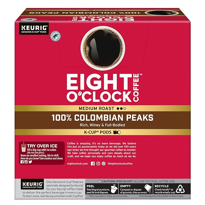 Eight O'Clock Coffee Colombian Peaks Single-Serve Keurig K-Cup Pods, Medium Roast Coffee Pods, 32 Count