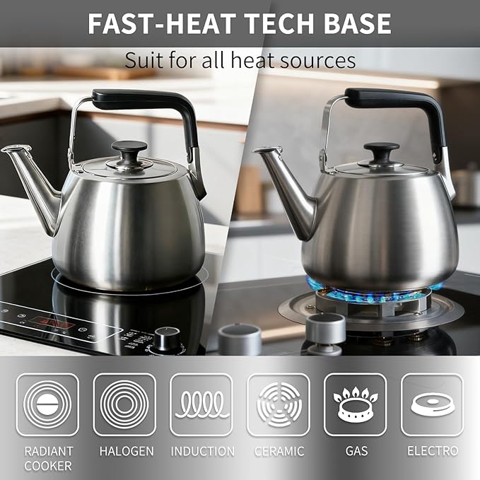 Tea Kettle, Whistling Stovetop Tea Kettle, Large Capacity Teapot Suits for All Heat Source, Professional Fast Heat Technique Teapot with Thick Body and Bottom, Durable and Sturdy Tea Pot