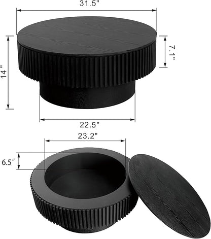 31.5 Inch Round Drum Coffee Table with Storage, Modern Handcraft Fluted Drum Coffee Table, Wooden Round Coffee Table Center Table with Sturdy Pedestal for Living Room Apartment (Black)