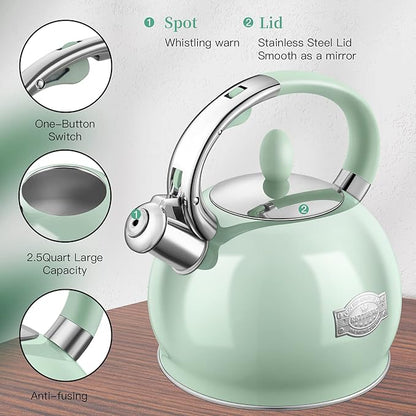 Tea Kettles Stovetop, 2.64 Quart Induction Whistling Tea Kettles Food Grade Stainless Steel Teapots with Cool Touch Handle Mint Green
