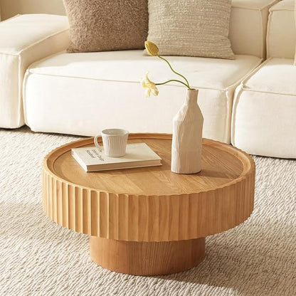 Round Wood Coffee Table - Wooden, Ribbed-Design, 30.3" Dia, 14.9" H Living Room Table, Center Table Simple Modern Style for Home Living Room Furniture (Nature Wood, 30.3''L×14.9''H)