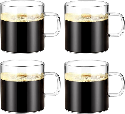 Glass Coffee Mugs Set of 4, 10 oz/300ml Large Coffee Mug, Wide Mouth Mugs with Clear Handle, Mocha Hot Beverage, Glass Cup Set for Hot or Cold