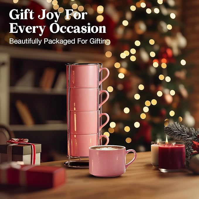 10 Ounce Pink Porcelain Stackable Cappuccino Cups with Stainless Steel Holder, Set of 4, Durable Ceramic, Perfect for Home, Office or Gift