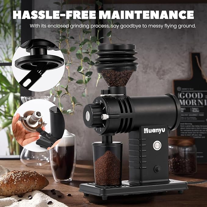 Huanyu Espresso Grinder with Titanium Flat Burr Electric Coffee Grinder with Hopper Bellows 10 Precise Grind Setting Coffee Grinders for Home Use Black