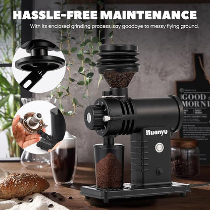 Huanyu Espresso Grinder with Titanium Flat Burr Electric Coffee Grinder with Hopper Bellows 10 Precise Grind Setting Coffee Grinders for Home Use Black