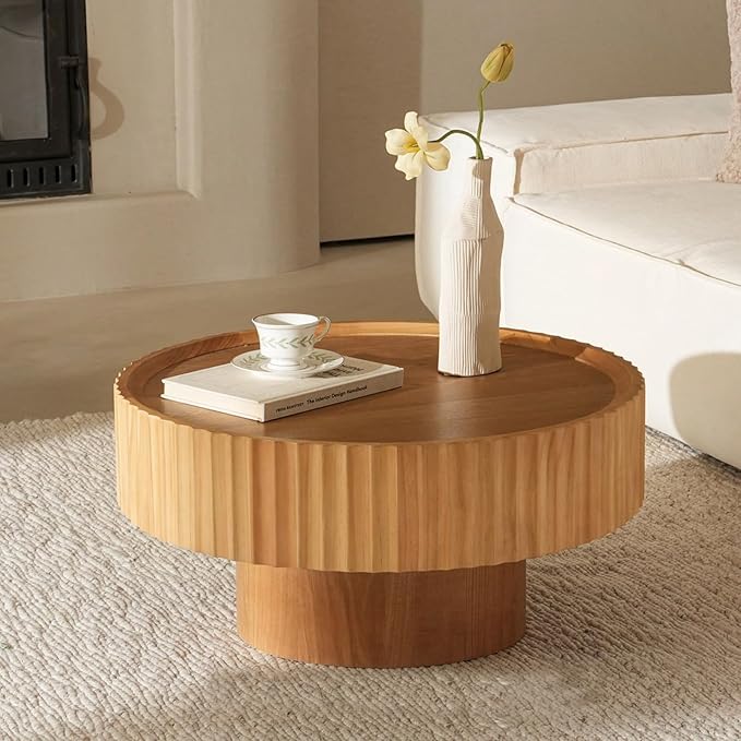 Round Coffee Table, Modern Living Room Tables with Mushroom Shape and Grooved Design, Circle Accent Pinewood Center Table for Living Room, Apartment (Nature Wood, 31.8''L×14.9''H)