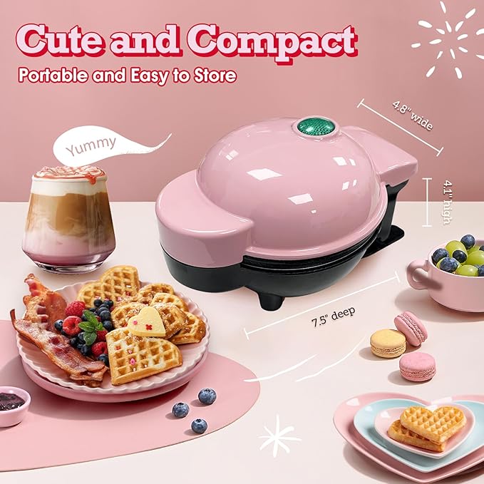 Mini Waffle Maker with 6 Removable Plates,Small Heart Waffle Maker Keto,3-in-1 Multi-plate set,Wafflera Iron for Kids Family&Individuals,4'' Non Stick Cooking Plates with Fast & Even Heating(Pink)