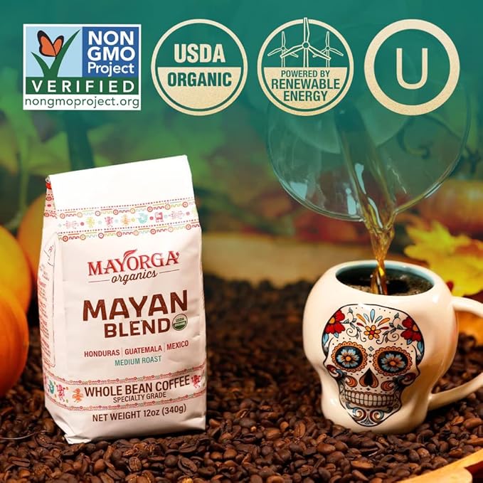 Mayorga Organic Coffee 12oz Mayan Blend - Medium Roast Whole Bean Specialty Grade Coffee, 100% Arabica, Slow Roasted, Chocolate and Floral Flavor with Low Acidity - USDA Organic, Non-GMO, Kosher