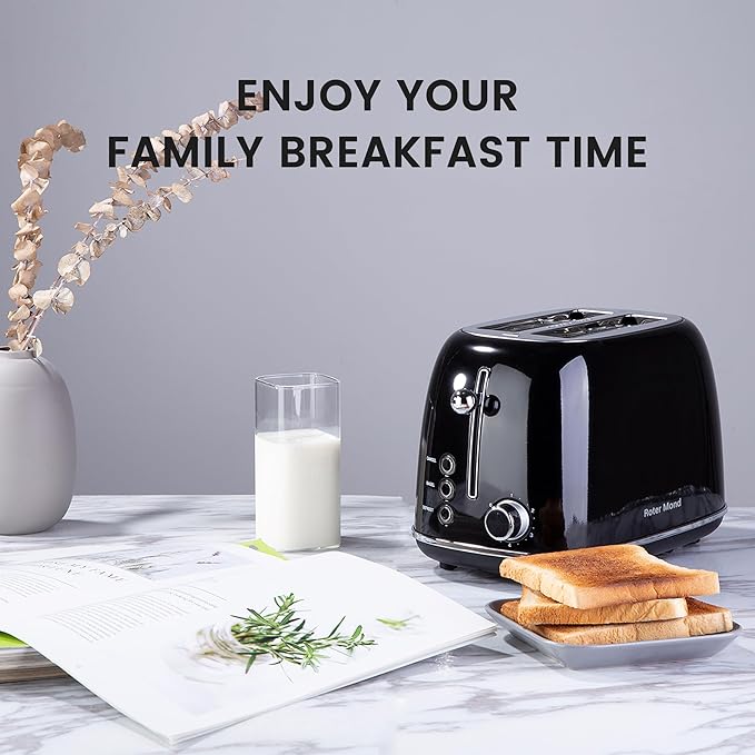 Roter Mond 2 Slice Toaster Retro Stainless Steel with Bagel, Cancel, and Defrost Functions, 6 Bread Shade Settings, Extra Wide Slots and Removable Crumb Tray, Black