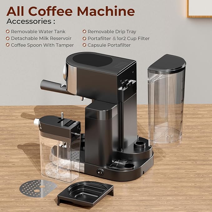 20 Bar Compact Espresso Machine with Steam Milk Frother，Professional Espresso Maker for Home and Office，1350W Touchscreen Cappuccino ＆ Latte Machine，57oz Detachable Water Tank，Black