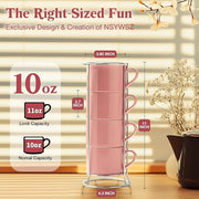 10 Ounce Pink Porcelain Stackable Cappuccino Cups with Stainless Steel Holder, Set of 4, Durable Ceramic, Perfect for Home, Office or Gift