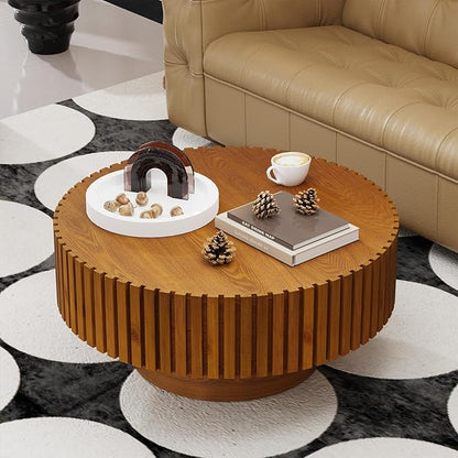 Handmade Round Grooved Drum-Shaped Coffee Table、Rustic Modern Circular Centerpiece for Living Room & Farmhouse Decor、Easy to Clean (D Wood 31in)