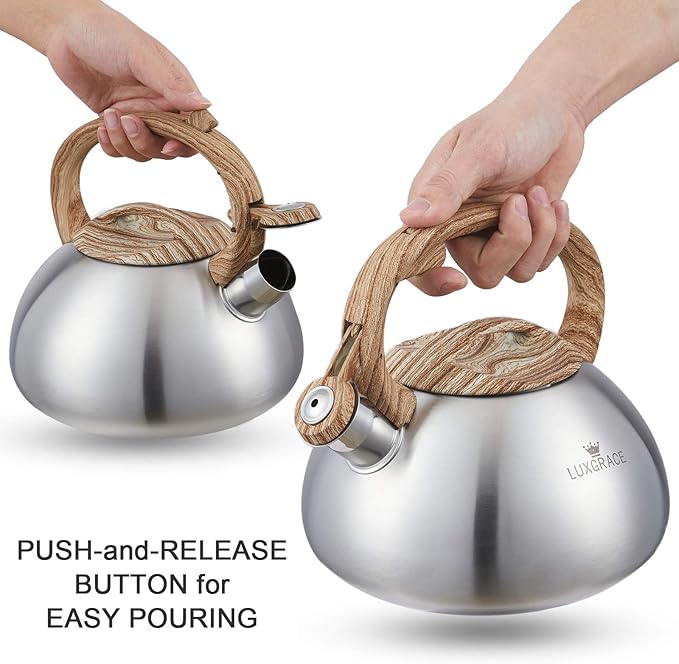 s-p Stovetop Tea Kettle- Whistling Teapot Stainless Steel Tea kettle for Stove Top Loud Whistle Tea Pot With Wood Pattern Handle Tea kettles Water Kettle(Silver Body and Black Handle