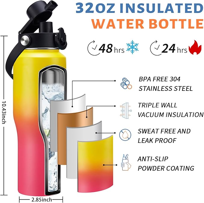 Water Bottle with Straw - 32 40 OZ Water Bottle that Fits in any Car Cup Holder, Water Flask with Straw & Spout Lids, Paracord Handle, Insulated Water Bottle for Travel Gym Office Women