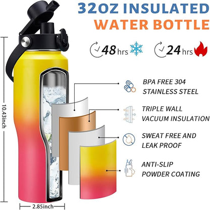 Water Bottle with Straw - 32 40 OZ Water Bottle that Fits in any Car Cup Holder, Water Flask with Straw & Spout Lids, Paracord Handle, Insulated Water Bottle for Travel Gym Office Women