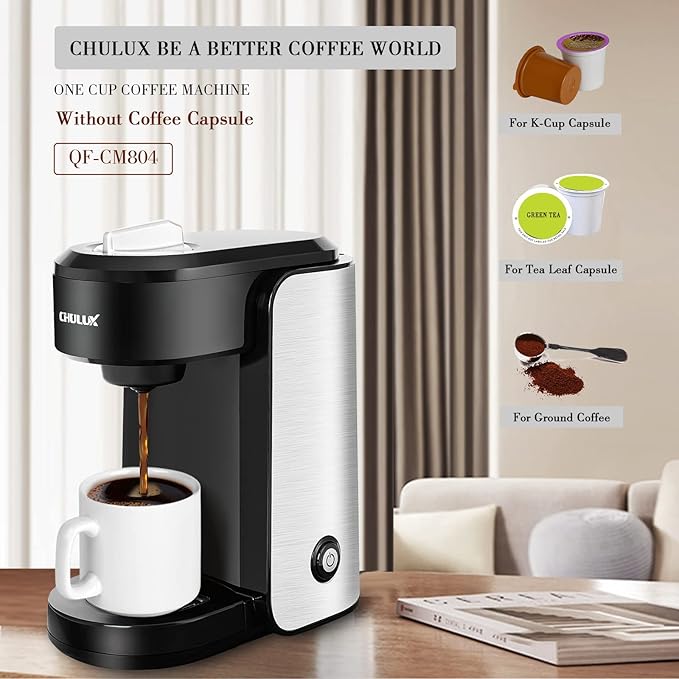 CHULUX Single Serve Coffee Maker, 1000 Watts Single Cup Stainless Steel Coffee Machine for Capsule and Ground Coffee with Graduated Water Tank, One Button Operation