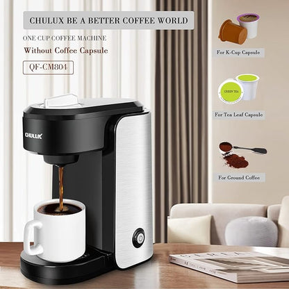 CHULUX Single Serve Coffee Maker, 1000 Watts Single Cup Stainless Steel Coffee Machine for Capsule and Ground Coffee with Graduated Water Tank, One Button Operation