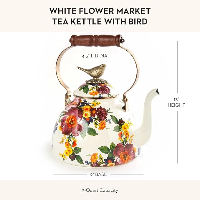 MACKENZIE-CHILDS Enamel Tea Kettle, Cute Kitchen Kettle for Stovetop, 3-Quart Capacity, White Flower Market with Bird Topper