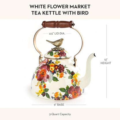 MACKENZIE-CHILDS Enamel Tea Kettle, Cute Kitchen Kettle for Stovetop, 3-Quart Capacity, White Flower Market with Bird Topper