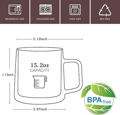CNGLASS 15.2oz Glass Coffee Mugs,Double Wall Insulated Glass Mugs with Handle,Clear Espresso Mugs for Latte,Cappuccino,Tea Bag,Set of 2