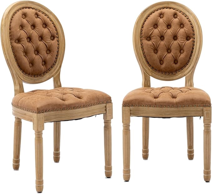 French Country Dining Chairs Set of 2, Vintage Wooden Dining Chairs with PU Leather Upholstered Tufted Seat,Solid Wood Legs&Frame, Farmhouse Kitchen&Living Room Chairs(Orange,2 Pcs)