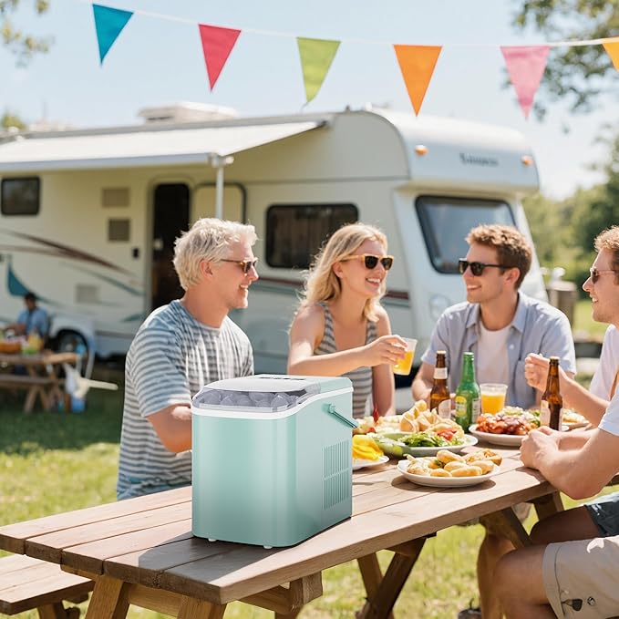 DUMOS Countertop Ice Maker with Handle, 26lbs/24H Portable Ice Machine, 9 Bullet Cubes Ready in 6 Mins, Self-Cleaning, Quiet Compact for Home, Kitchen, RV, Camping, Green