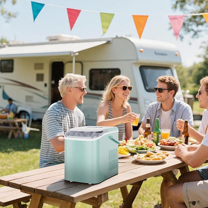 DUMOS Countertop Ice Maker with Handle, 26lbs/24H Portable Ice Machine, 9 Bullet Cubes Ready in 6 Mins, Self-Cleaning, Quiet Compact for Home, Kitchen, RV, Camping, Green