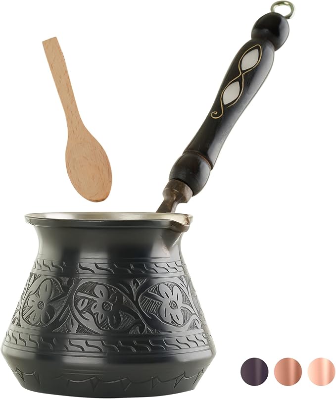 BCS 12 Oz Copper Turkish Greek Arabic Coffee Pot with Wooden Handle (4 servings) Cezve Ibrik Briki Stovetop Coffee Maker (Includes Wooden Spoon)