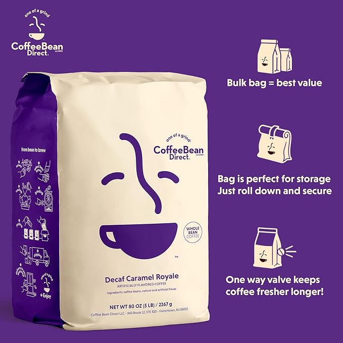 Coffee Bean Direct Decaf Caramel Royale Flavored, Whole Bean Coffee, 5 Pound Bag (Pack of 1)