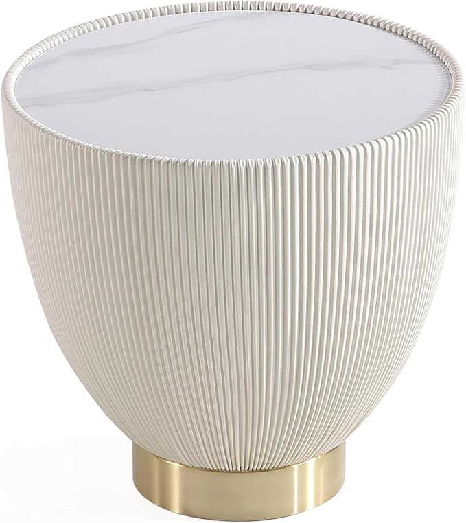 Manhattan Comfort Modern Anderson Coffee Table, 1.0 & 2.0 End Table, Upholstered in Cream Leatherette with Ceramic Faux Tabletop and Gold Metal Tabletop- Set of 3
