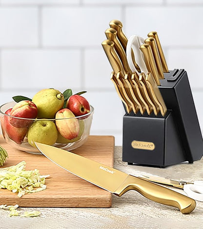 McCook® Knife Sets, Golden Titanium Stainless Steel Kitchen Knife Block Sets with Built-in Sharpener