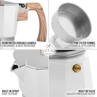 Zulay Kitchen Stovetop Espresso Maker - Moka Pot 6 Espresso Cups - Percolator Coffee Maker for Classic Cuban & Italian Style Espresso - Portable Coffee Maker for Camping & Travel - (White)