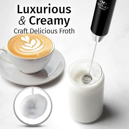 Zulay Kitchen Lux Milk Frother Rechargeable Handheld - Powerful 2-Speed Motor, Fully Waterproof, 2000mAh Battery - Drink Mixer For Latte, Cappuccino, Matcha, Protein Powder - Black