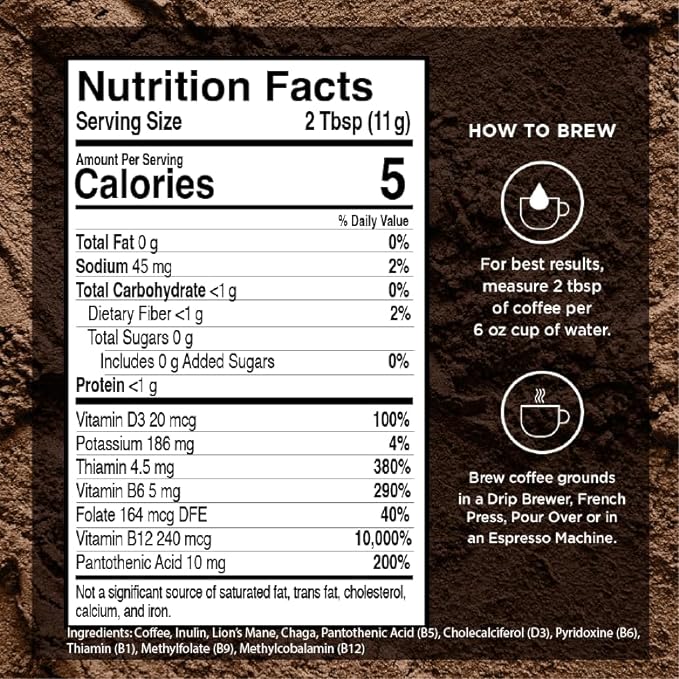 VitaCup Focus Mushroom Coffee Grounds, with Lions Mane, Chaga, B Vitamins, D3, Boost Focus, Immunity, Memory & Clarity, Medium Dark Roast, 100% Arabica Specialty, 20oz, 52 Servings