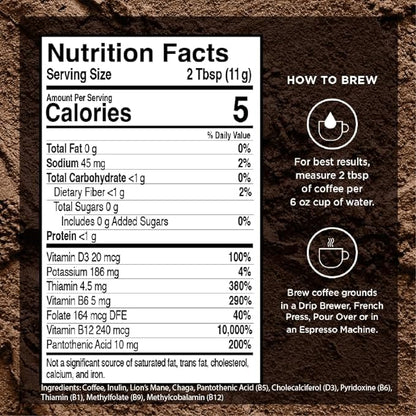 VitaCup Focus Mushroom Coffee Grounds, with Lions Mane, Chaga, B Vitamins, D3, Boost Focus, Immunity, Memory & Clarity, Medium Dark Roast, 100% Arabica Specialty, 20oz, 52 Servings