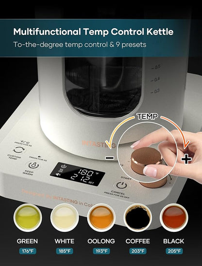 Electric Tea Kettle, INTASTING Glass Electric Kettle with tea Infuser and Precise knob temperature control, 1200W Fast Heating, BPA-Free, Easy to Clean, for Tea and coffee, 1 Liter (Cream White)