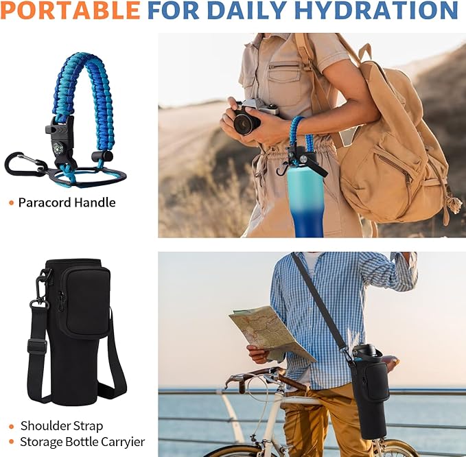 32oz Insulated Water Bottle with Straw - Keep Cold 48h or Hot 24h, Vacuum Stainless Steel Tumbler Metal Flask w/Survival Paracord Handle & Carrier Bag, T-shape Coffee Cup Fit Car Cup Holder