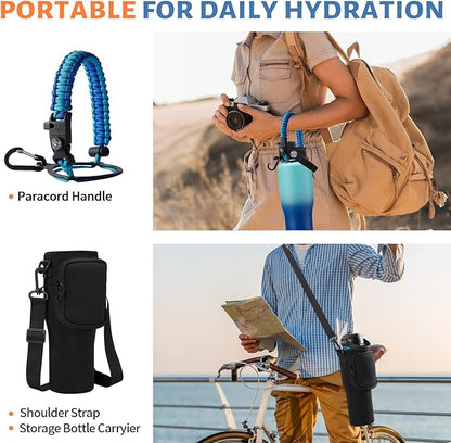 32oz Insulated Water Bottle with Straw - Keep Cold 48h or Hot 24h, Vacuum Stainless Steel Tumbler Metal Flask w/Survival Paracord Handle & Carrier Bag, T-shape Coffee Cup Fit Car Cup Holder