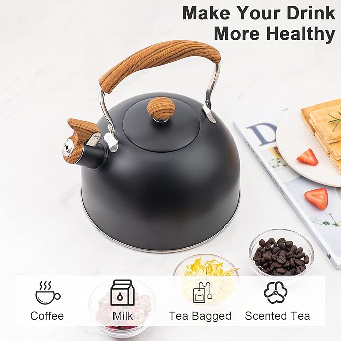 Whistling Tea Kettles with Wood Grain adjustment Nylon Handle, 2.3 Quart Capacity with Capsule Base Tea Kettle, Black