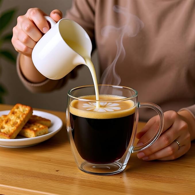 Set of 4 Double Walled Glass Coffee Mugs with Handles, 12oz Clear Coffee Mugs for Hot/Cold Beverages, Insulated Borosilicate Glass Cups for Cappuccino, Espresso, Latte, Tea, Milk, Microwave Safe