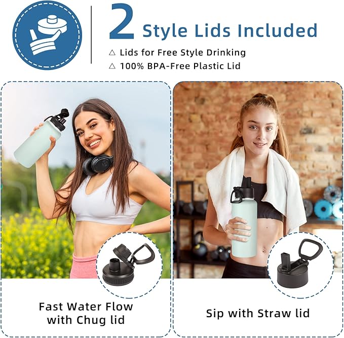 Volhoply 32 oz Insulated Water Bottle with Straw Lid & Spout Lid,Stainless Steel Sports Water Bottle,Double Wall Vacuum Cups,Leakproof Wide Mouth Metal Flask,Keeps Cold or Hot for Travel(Fog,1)